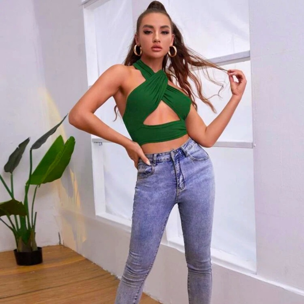 Green Crop Top Open Criss Cross